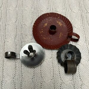 3 Vtg Primitive Metal Candlestick Holders Candle Rustic, colonial fluted handles